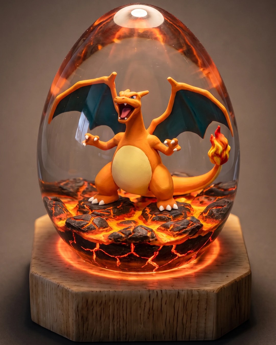 Lampada a uovo in resina con un drago alato sulla lava